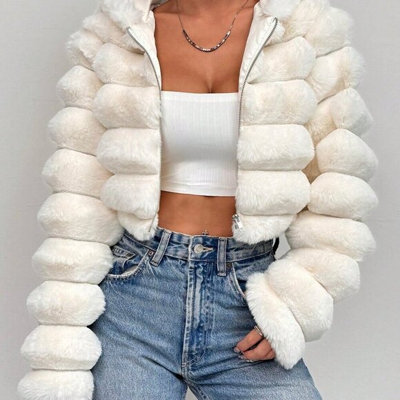 Casual Women's Fluffy faux fur Hooded Cropped Jacket - Picture 5 of 7